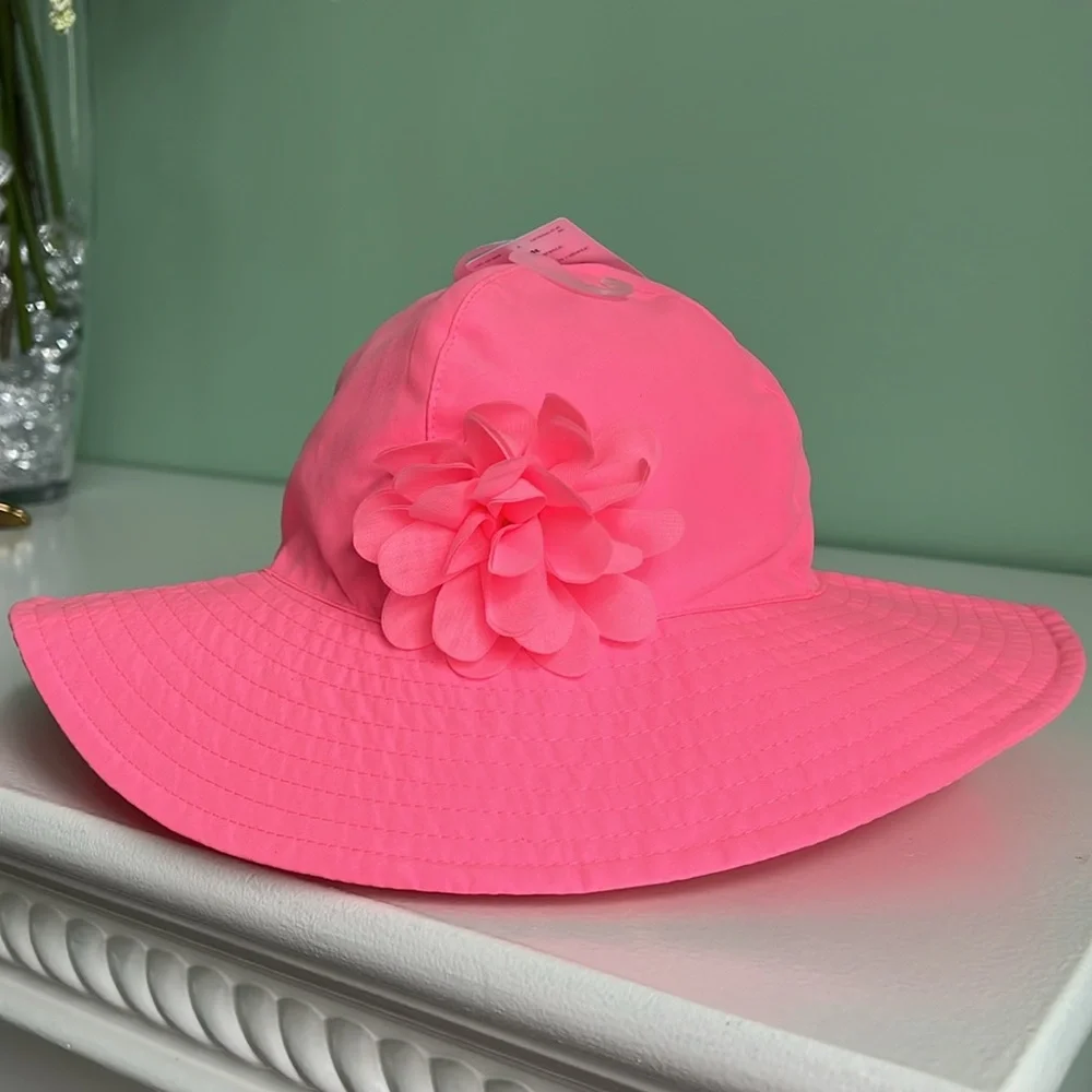 Pink Wide-Brim Hat with Flower Accent